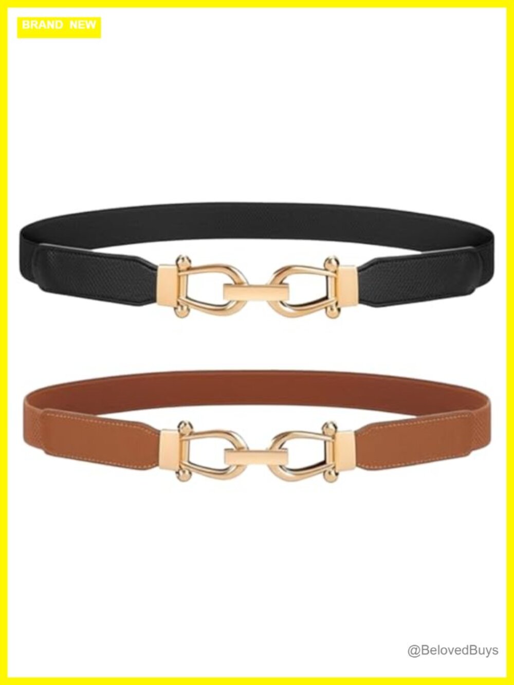 2 Pcs Elastic Stretch Skinny Belts for Women with Gold Buckles, Faux Leather
